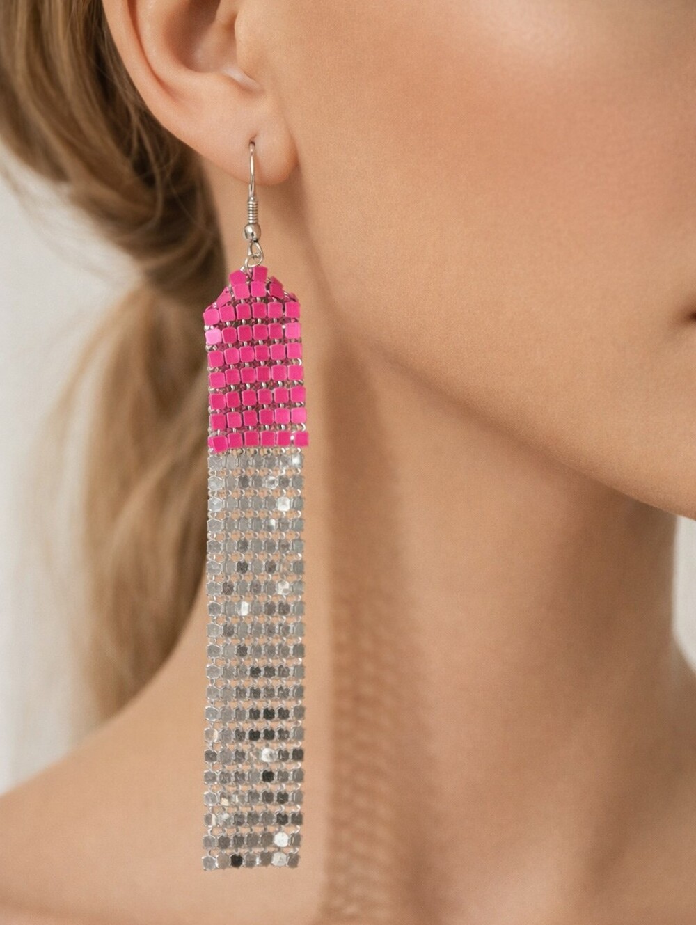 Pastels Hot Pink and Silver Earrings – Bold Women’s Fashion Jewelry
